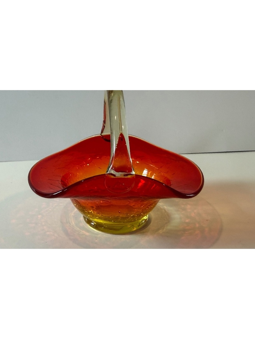 Vintage Kanawha Amberina Crackle Glass Basket Clear Handle 1960s
